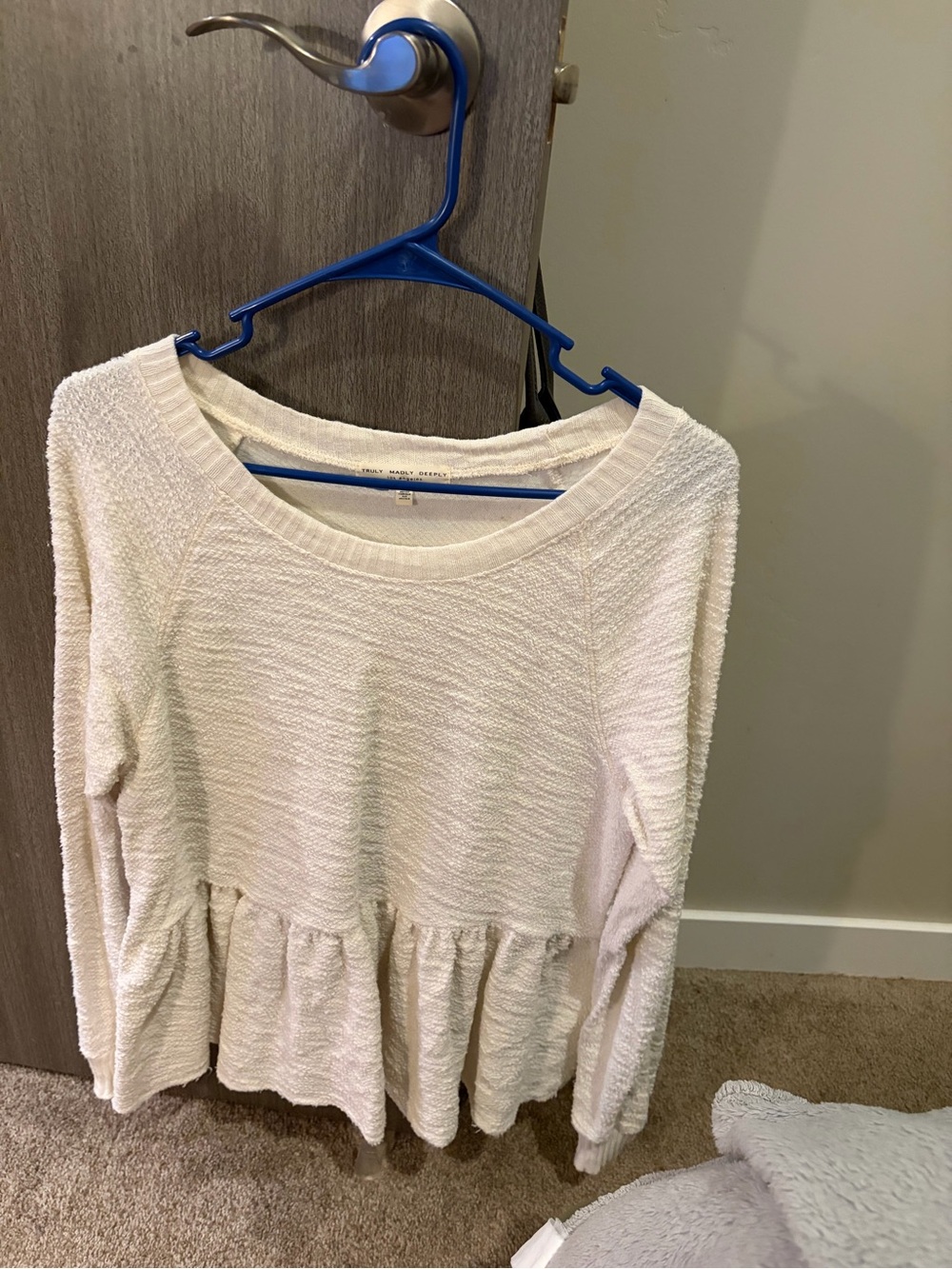 Truly Madly Deeply Cozy Cream Peplum Long-Sleeve Top